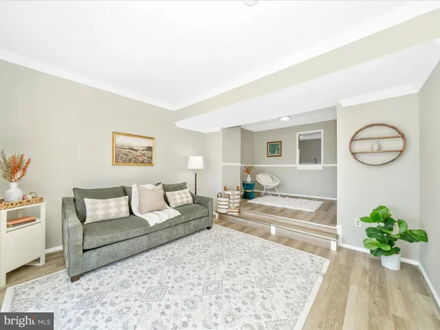 a living room with furniture flowerpot and wooden floor