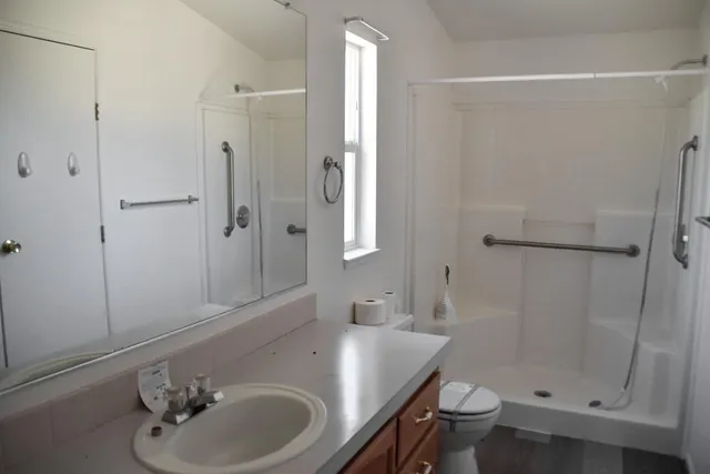 a bathroom with a sink a toilet and shower