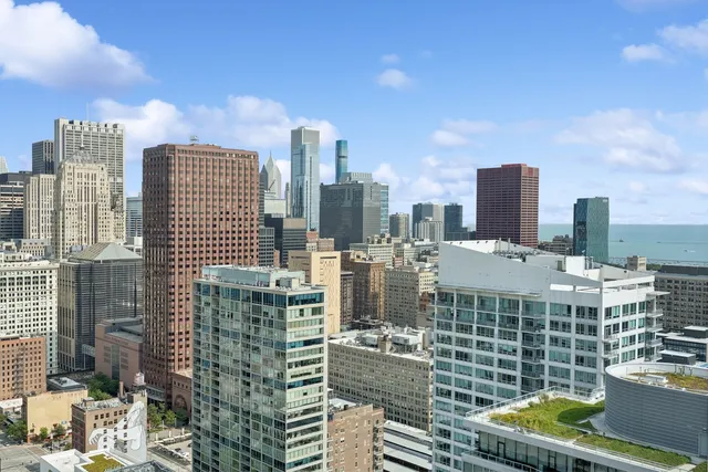 a city view with tall buildings