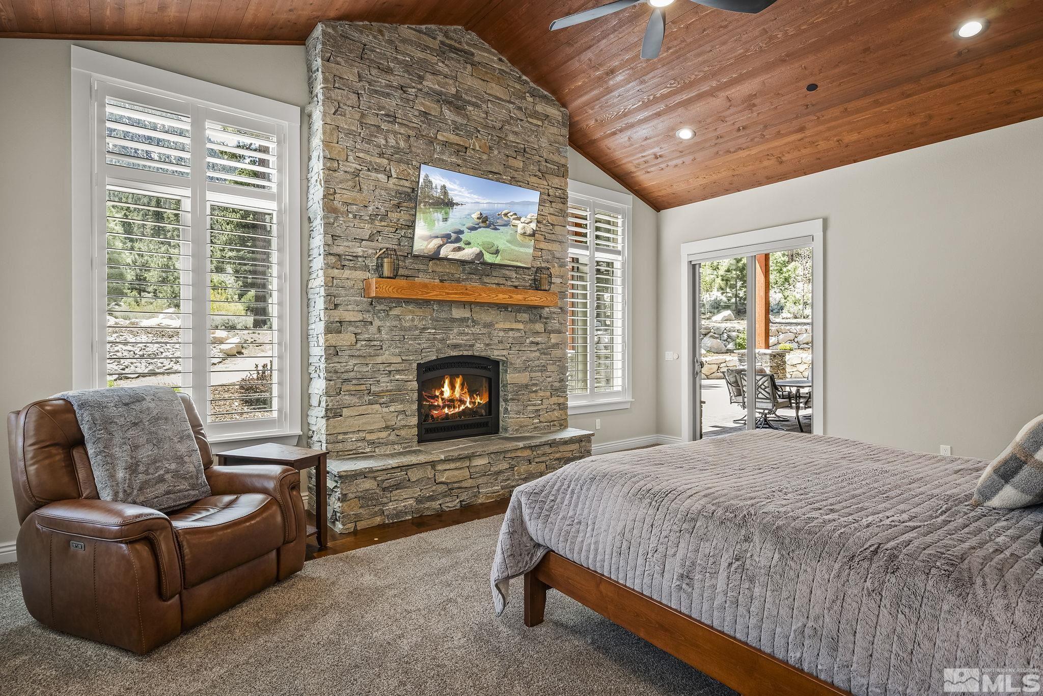 119 Five Creek Road Gardnerville, NV 89460 - Photo 21 of 40 a spacious bedroom with a bed and a fireplace