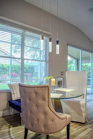 a living room with couch and a table