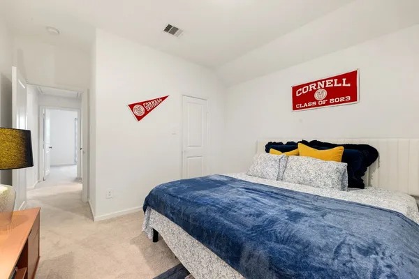 a bedroom with a bed and a couch