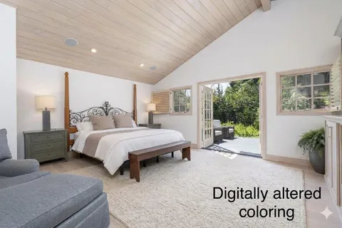 a spacious bedroom with a bed and a table