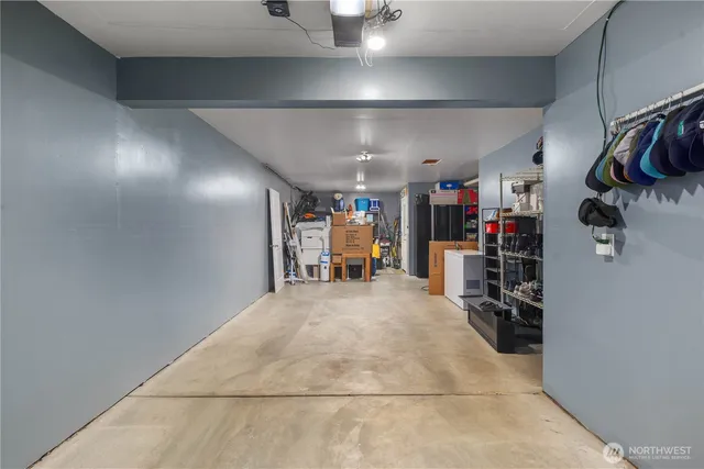 a view of a garage with storage