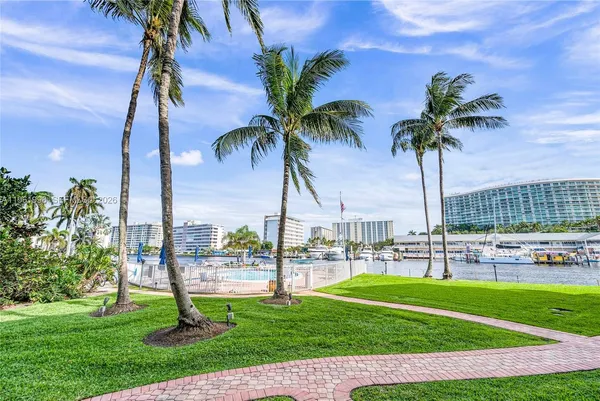 a view of a park with palm trees