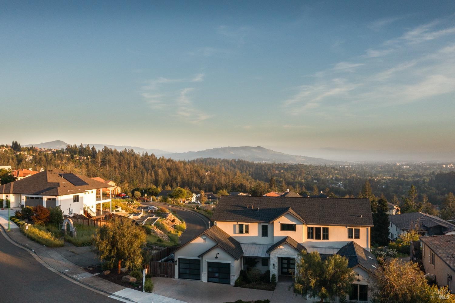 an aerial view of residential houses with a city view