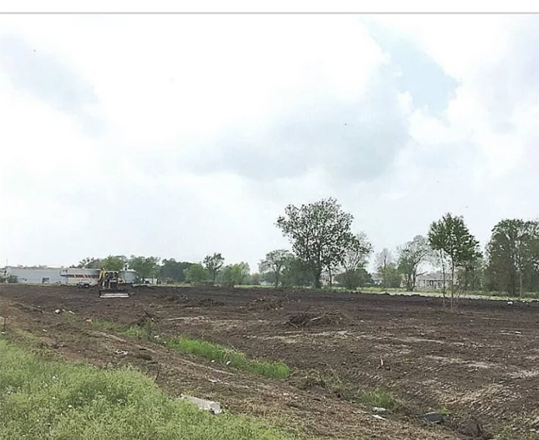 a view of a field with trees in background