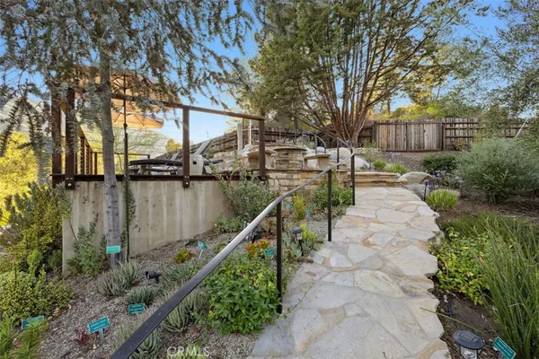 a view of backyard with outdoor seating and green space