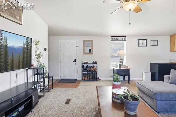 a living room with furniture and a potted plant