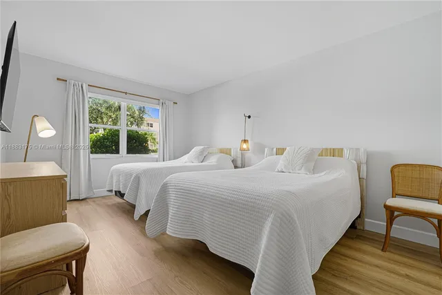 a bedroom with two beds and painted walls