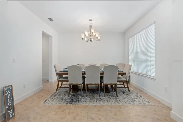 a view of a dining room with furniture window and outside view