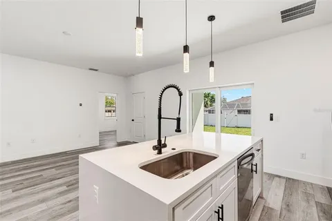 a kitchen with a sink and a hard wood floor
