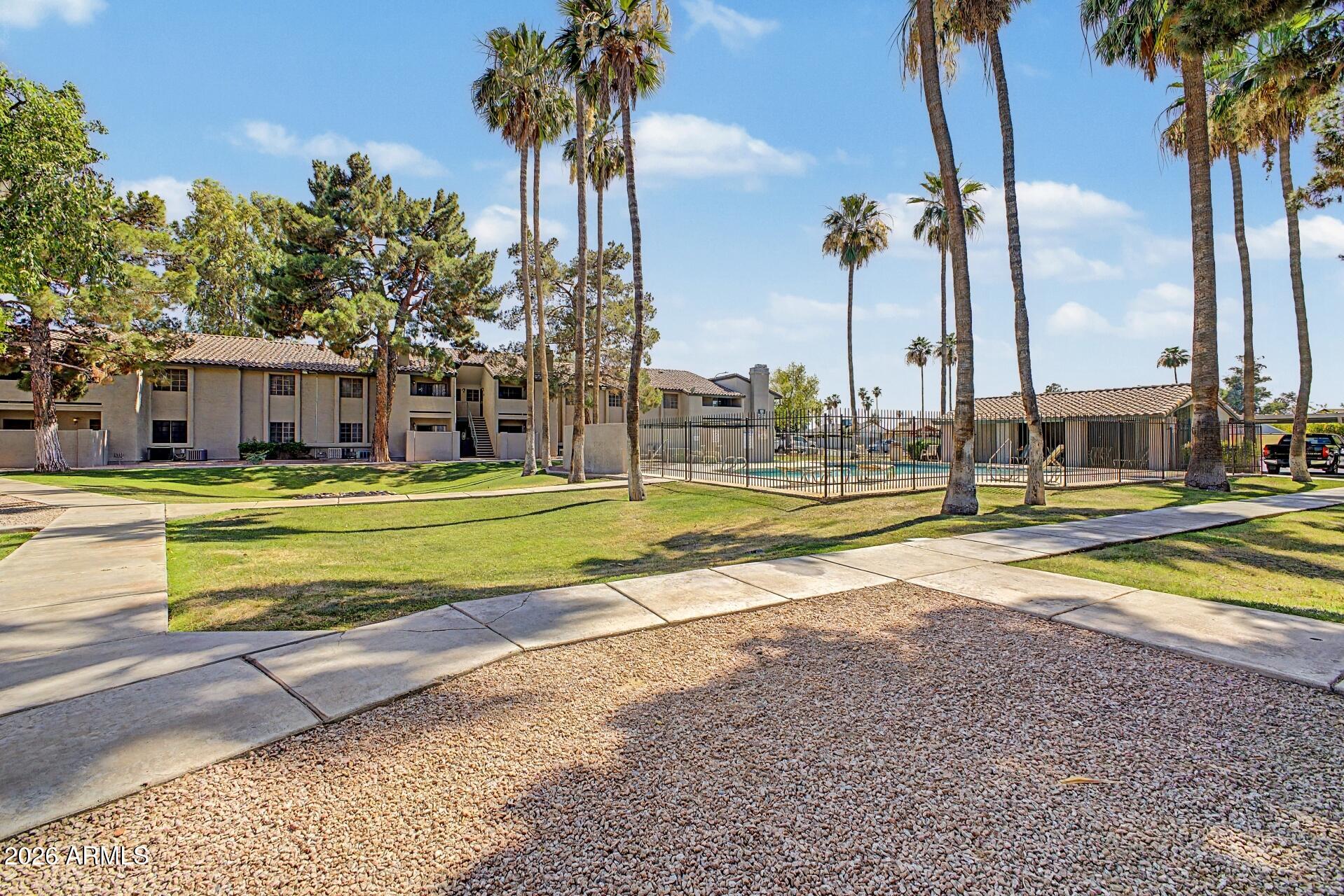 533 West Guadalupe Road, Unit 1104 Mesa, AZ 85210 - Photo 12 of 20 a view of a swimming pool with a house and palm trees
