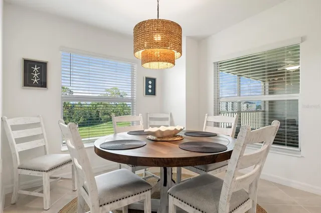 a view of a dining room with furniture window and outside view