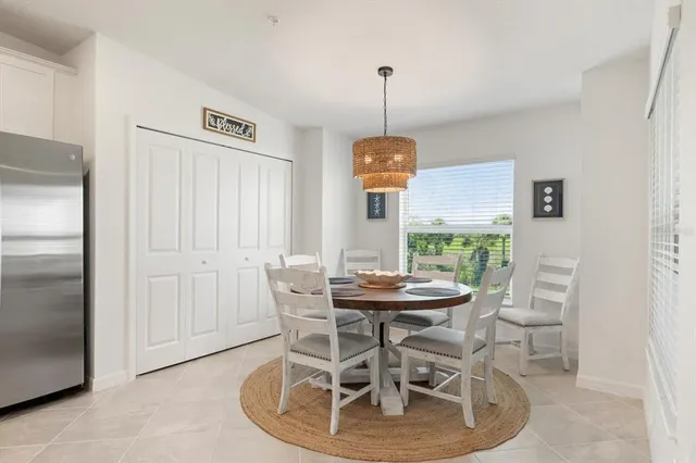 a view of a dining room with furniture window and outside view