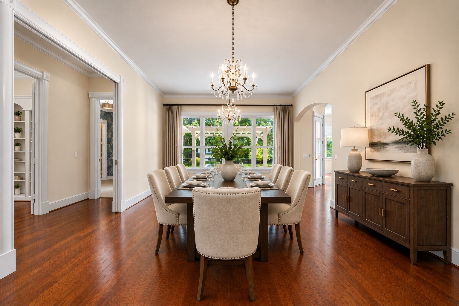 6039 Franz Road Katy, TX 77493 - Photo 16 of 49 A crystal chandelier sets a formal tone in the dining room, where oversized windows frame views of the pergola-covered patio beyond. Virtually staged.