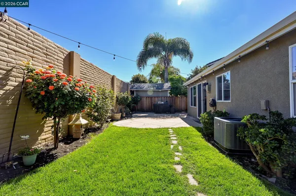 a view of a backyard with potted plants and a fountain