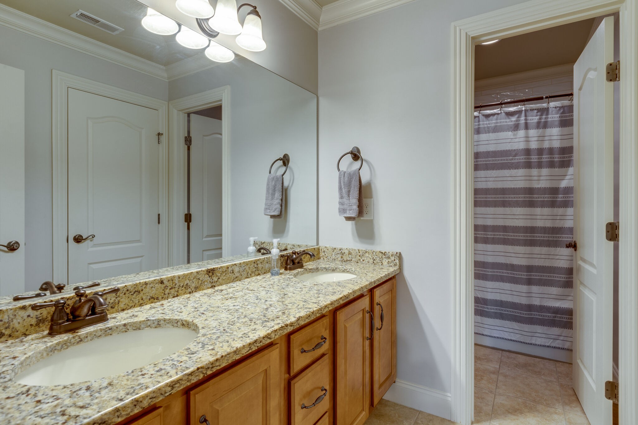 3012 Stewart Campbell Pointe Spring Hill, TN 37174 - Photo 32 of 44 a bathroom with a granite countertop sink and a mirror