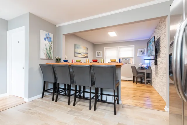 a view of a dining room with furniture