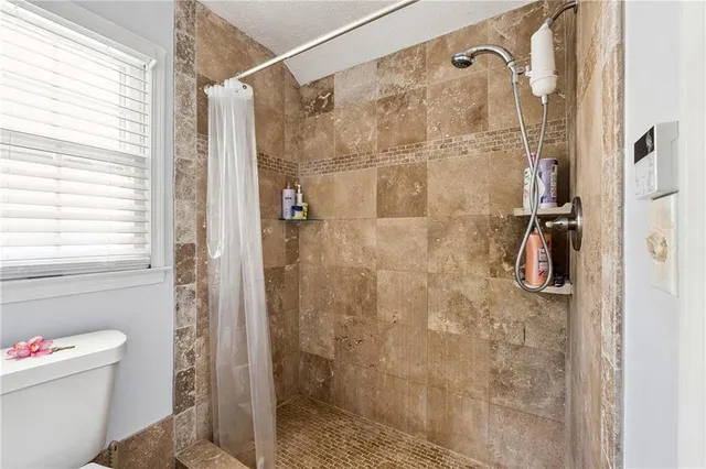 a bathroom with a shower and a toilet