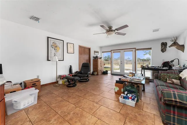 a view of a garage with a table and chairs