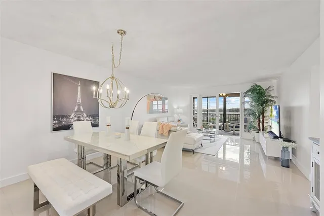 a view of a dining room with furniture wooden floor and chandelier