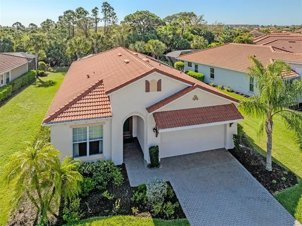 a aerial view of a house with a yard plants and large tree