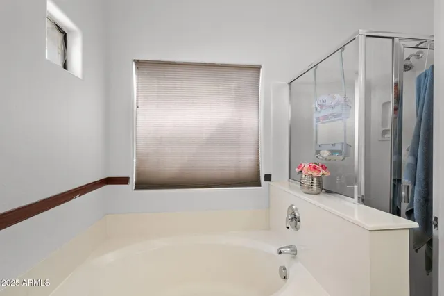 a bathroom with a bathtub and a shower