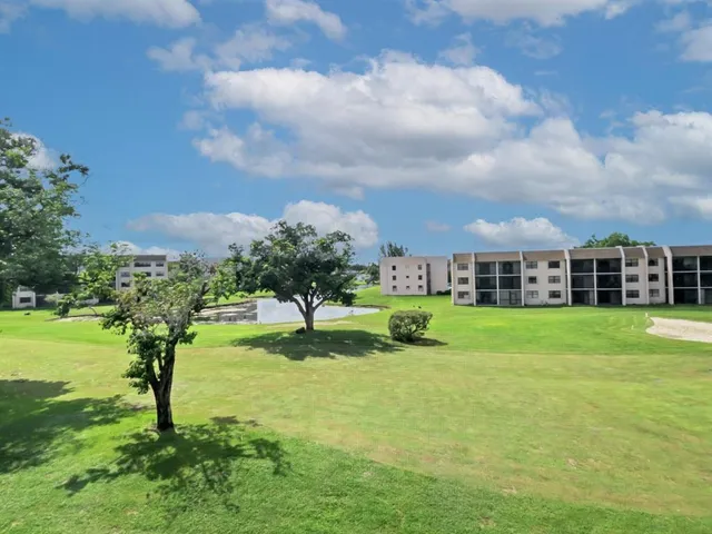 a view of a big yard with a house in the background