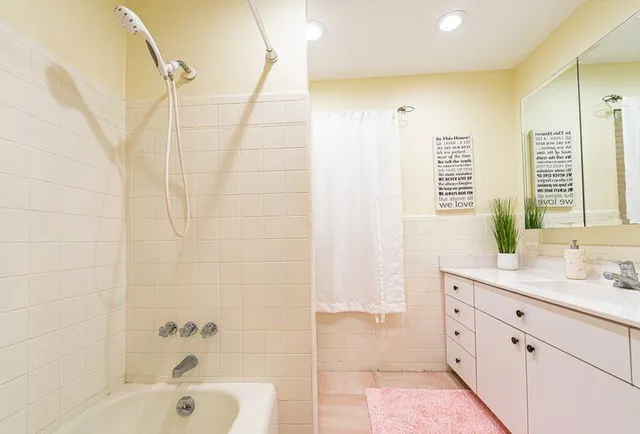 a bathroom with a double vanity sink a bathtub and a shower