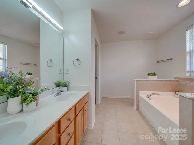 a bathroom with a tub sink and mirror