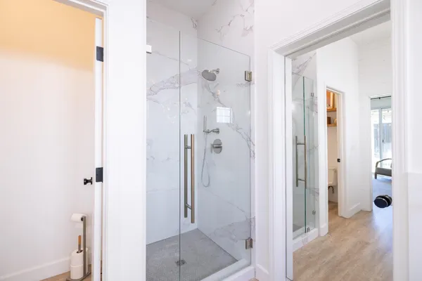 an aerial view of a house with outdoor space