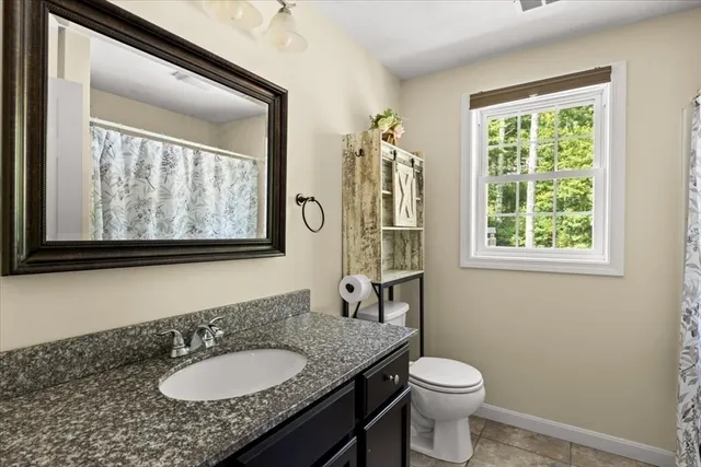 a bathroom with a granite countertop sink toilet and a mirror