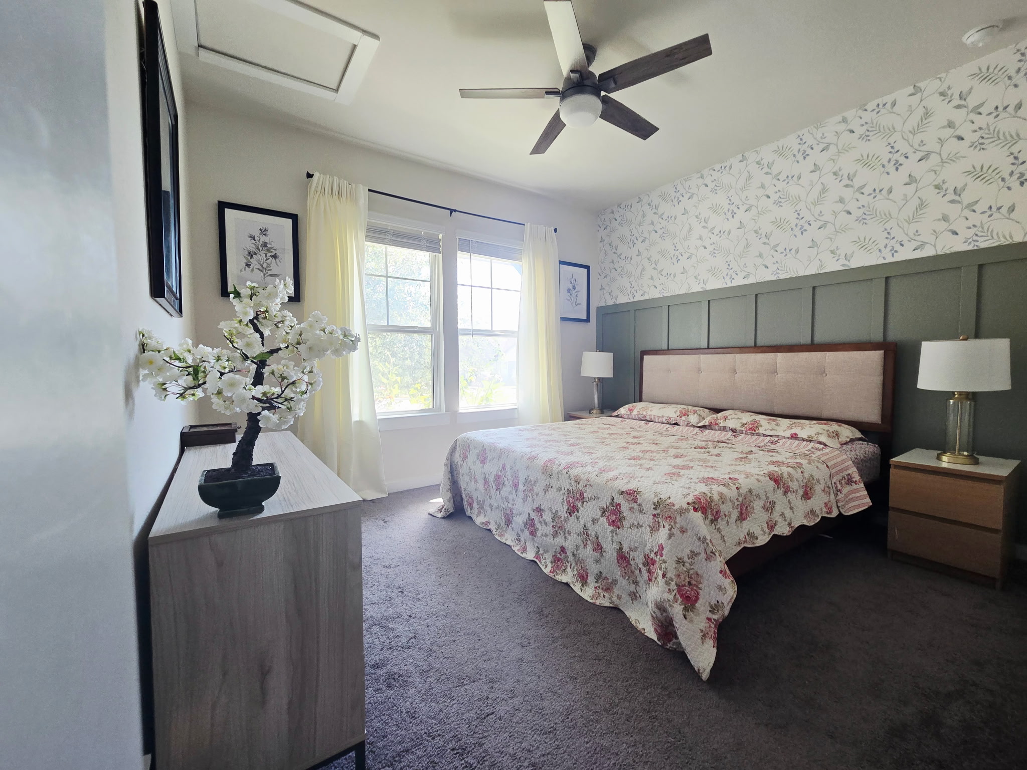 4434 Hannover Way Round Rock, TX 78681 - Photo 11 of 23 Carpeted bedroom featuring ceiling fan, wallpapered walls, and attic access