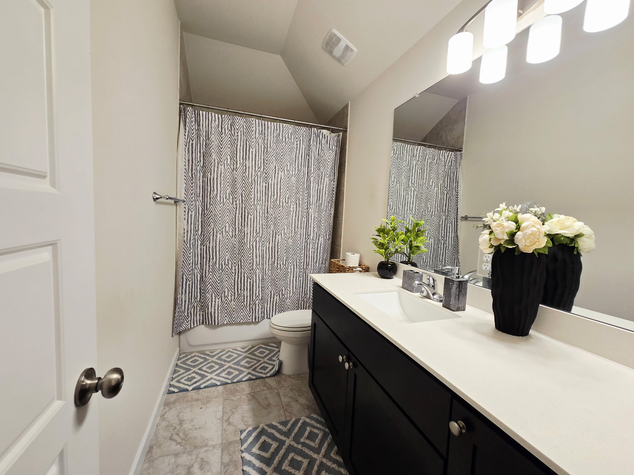 4434 Hannover Way Round Rock, TX 78681 - Photo 17 of 23 Full bathroom with vanity, lofted ceiling, and shower / bath combo with shower curtain