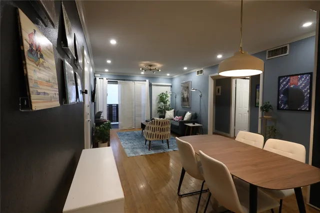 a view of a dining room with furniture