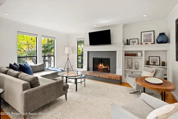 a living room with furniture a fireplace and a flat screen tv