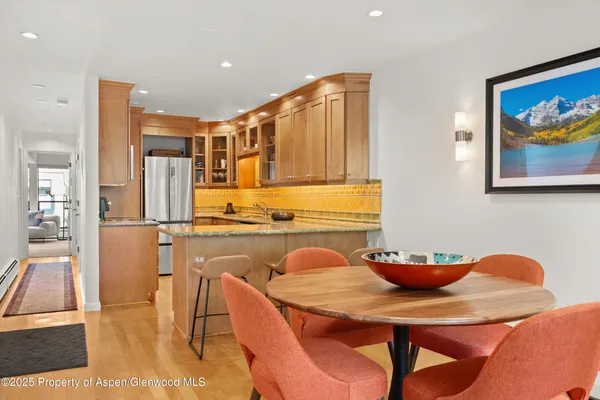 a view of a dining room with furniture