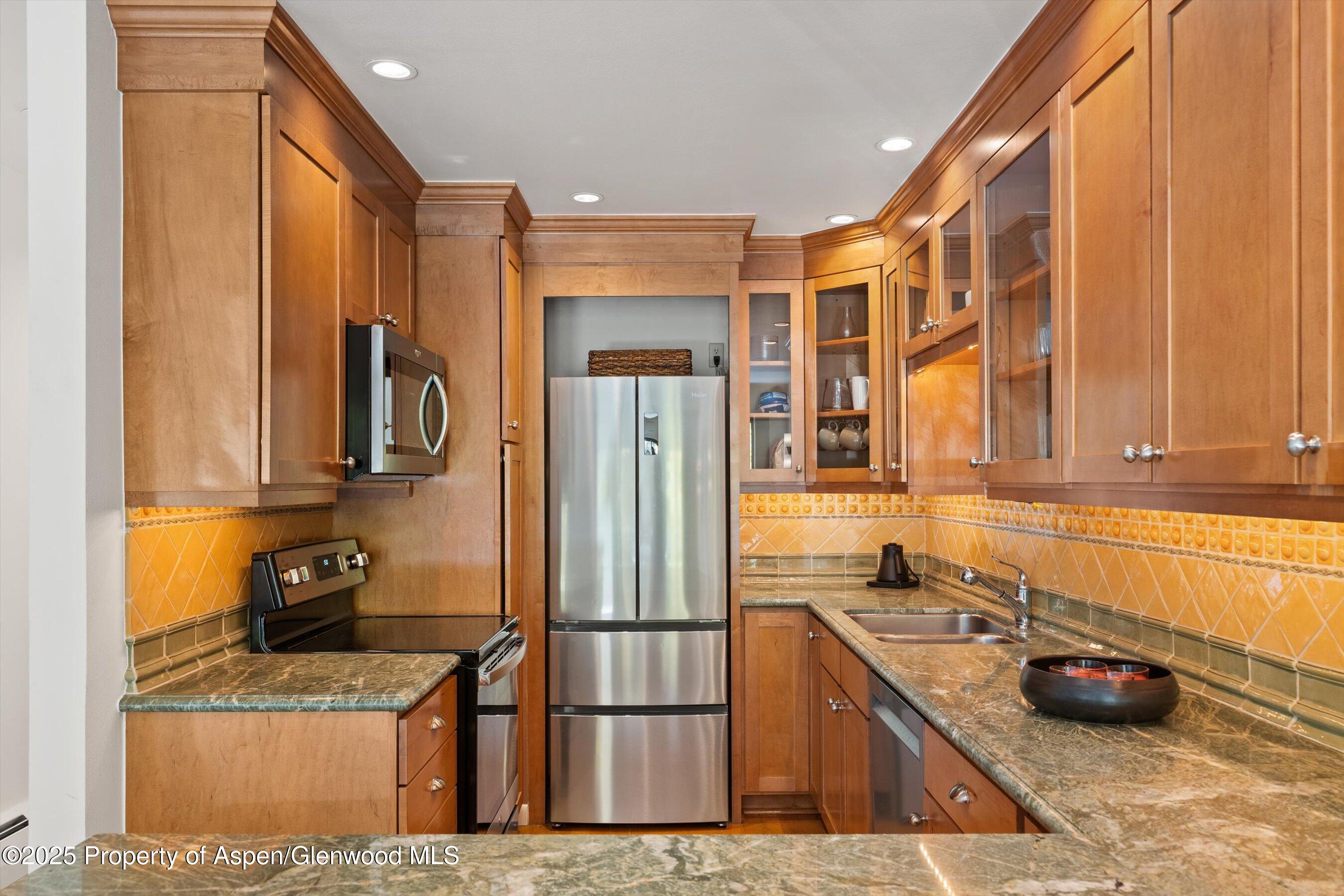 980 East Hyman Avenue, Unit 3 Aspen, CO 81611 - Photo 14 of 26 a kitchen with stainless steel appliances granite countertop a refrigerator and a sink