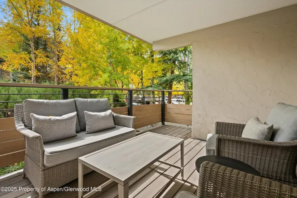 a roof deck with couches and wooden floor
