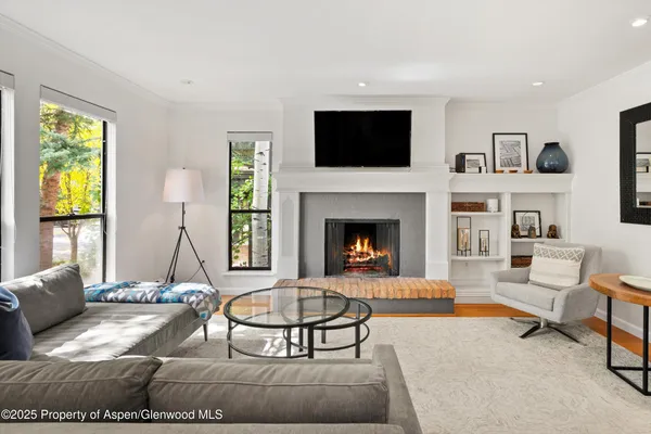 a living room with furniture and a fireplace