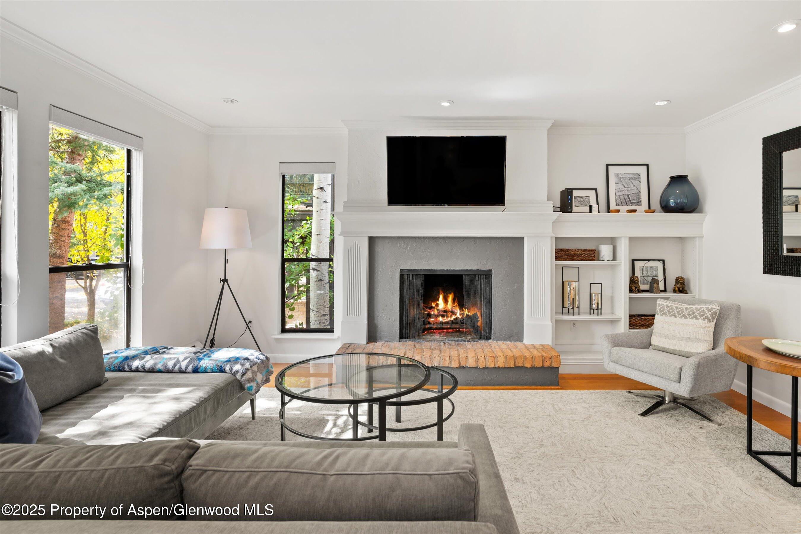 980 East Hyman Avenue, Unit 3 Aspen, CO 81611 - Photo 3 of 26 a living room with furniture and a fireplace