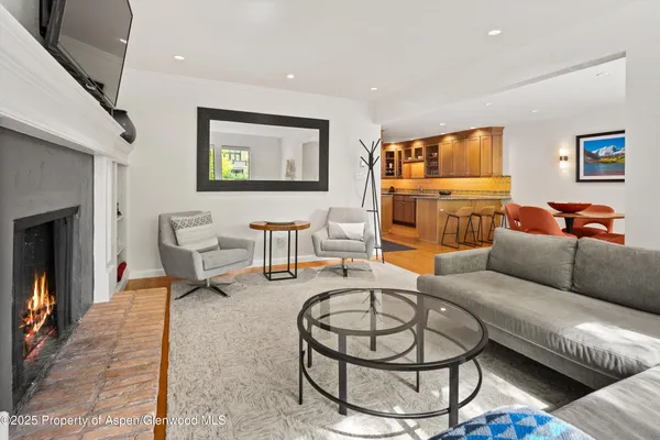 a living room with furniture and a fireplace