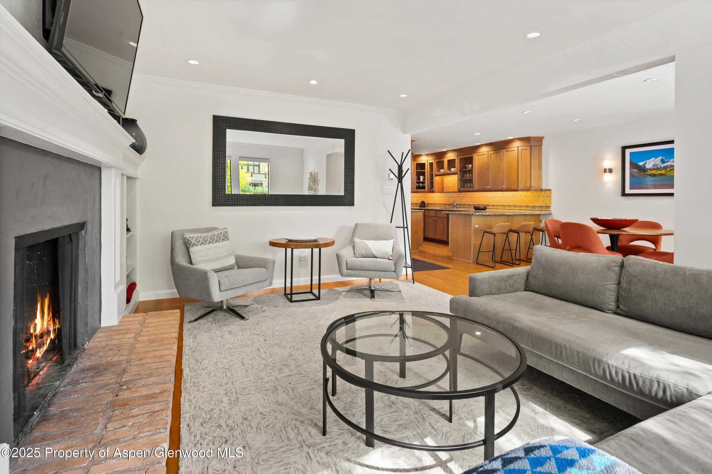 980 East Hyman Avenue, Unit 3 Aspen, CO 81611 - Photo 6 of 26 a living room with furniture and a fireplace