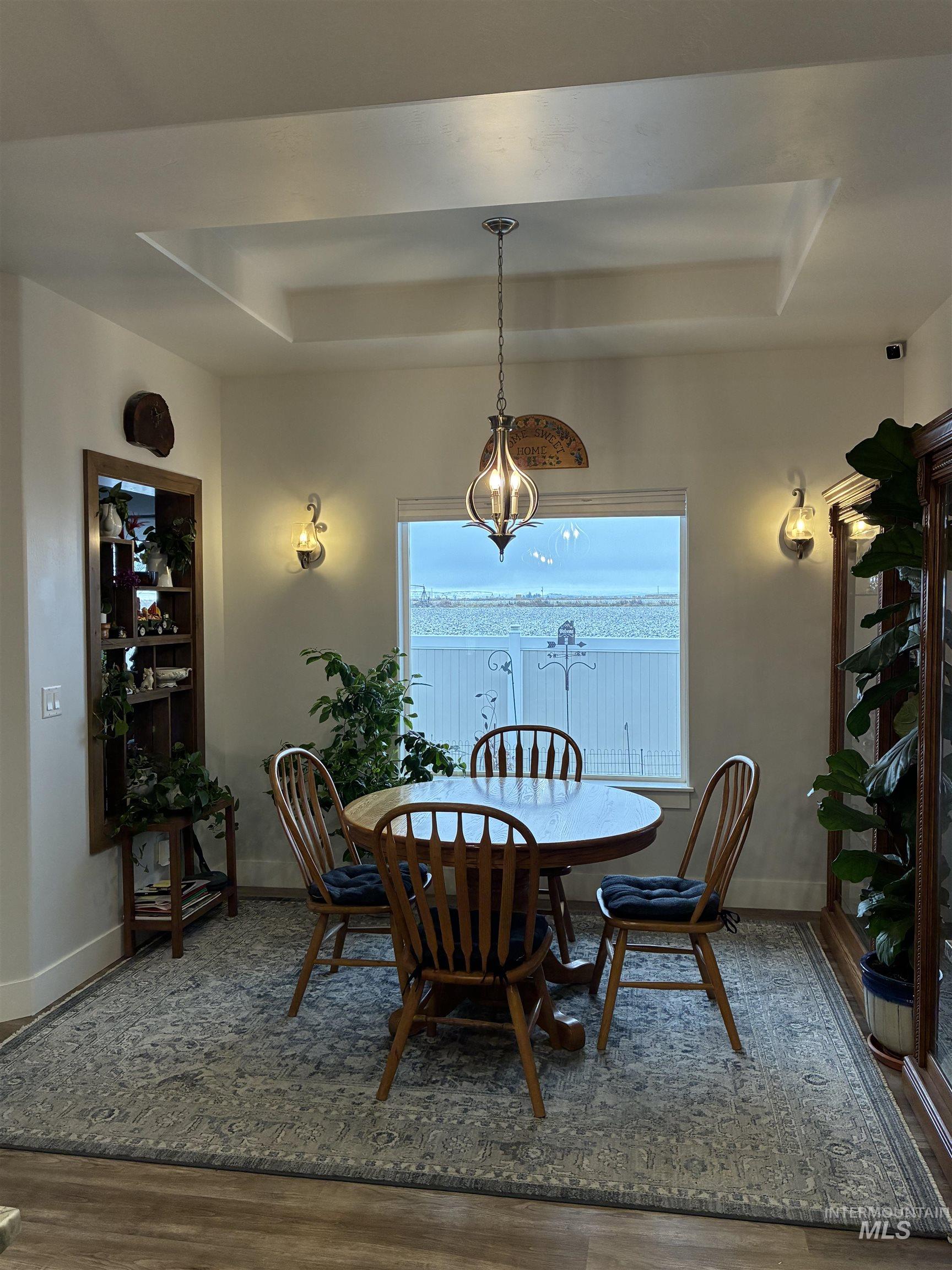 764 Heidi Terrace Kimberly, ID 83341 - Photo 30 of 42 Dining space with a tray ceiling, wood finished floors, and plenty of natural light