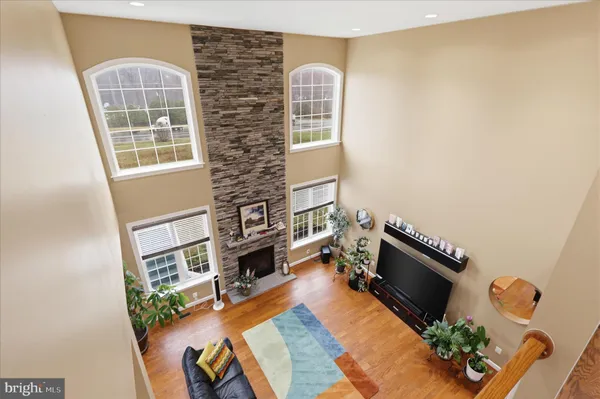 a living room with furniture a fireplace and a potted plant