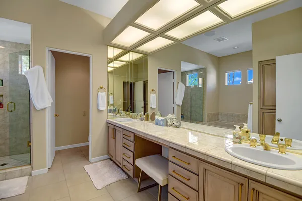a bathroom with a sink double vanity and a mirror