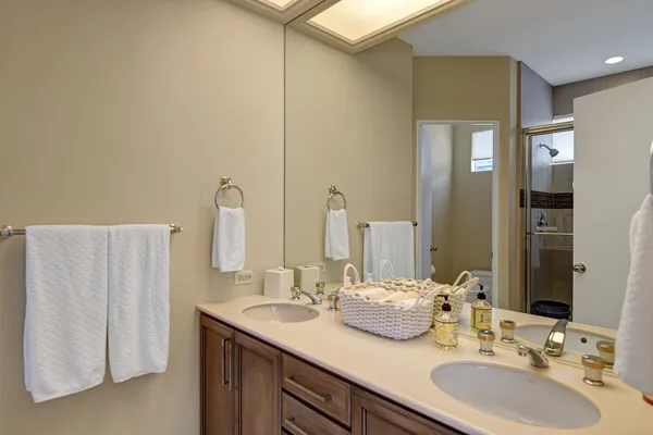 a bathroom with double sink and a mirror