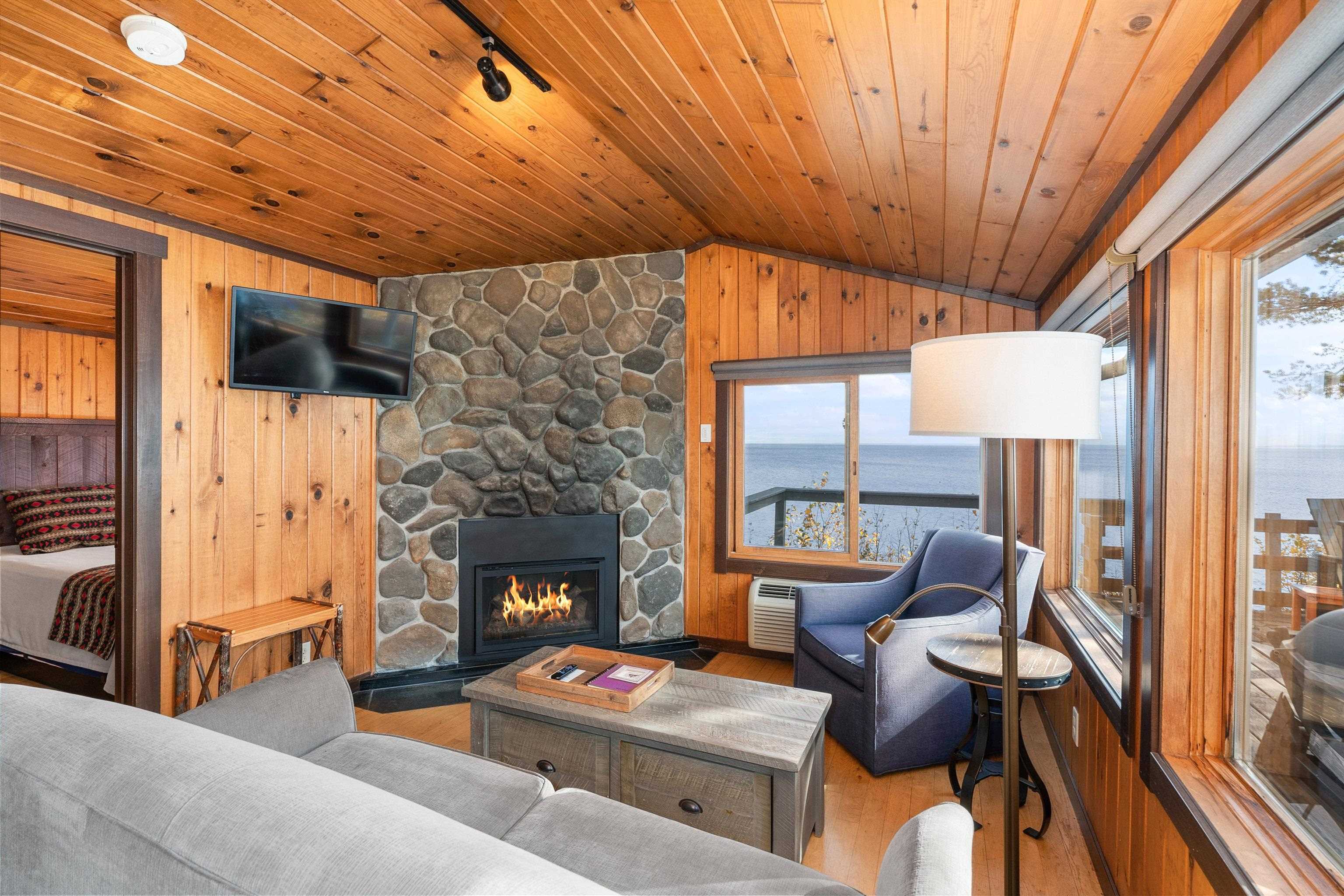 Living area featuring wood walls, lofted ceiling, wood finished floors, a stone fireplace, and rail lighting