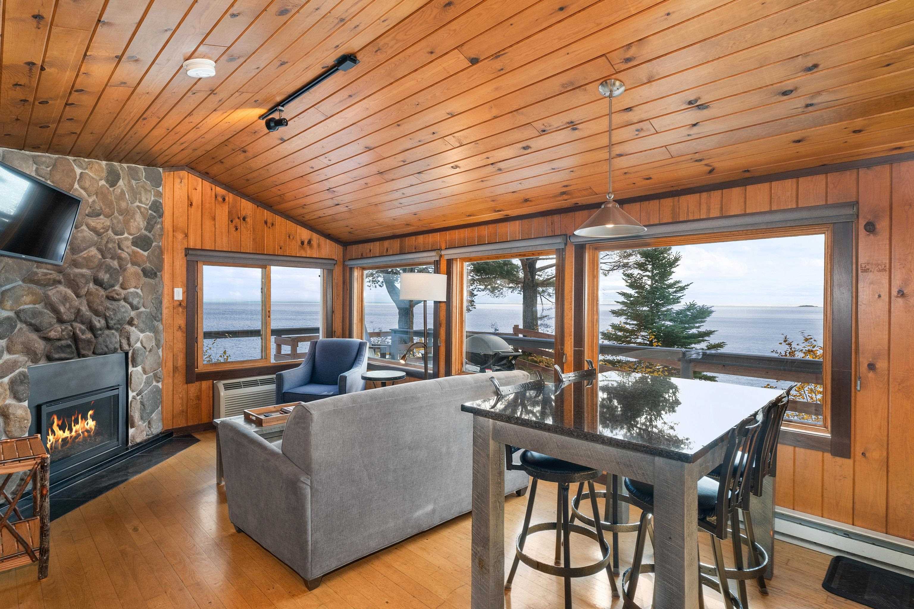 540 Old North Shore Road, Unit 7 Two Harbors, MN 55616 - Photo 10 of 61 Living room with a water view, wood walls, hardwood / wood-style flooring, a stone fireplace, and vaulted ceiling